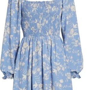 Wayf Blue Floral Smocked Puff Sleeve Dress